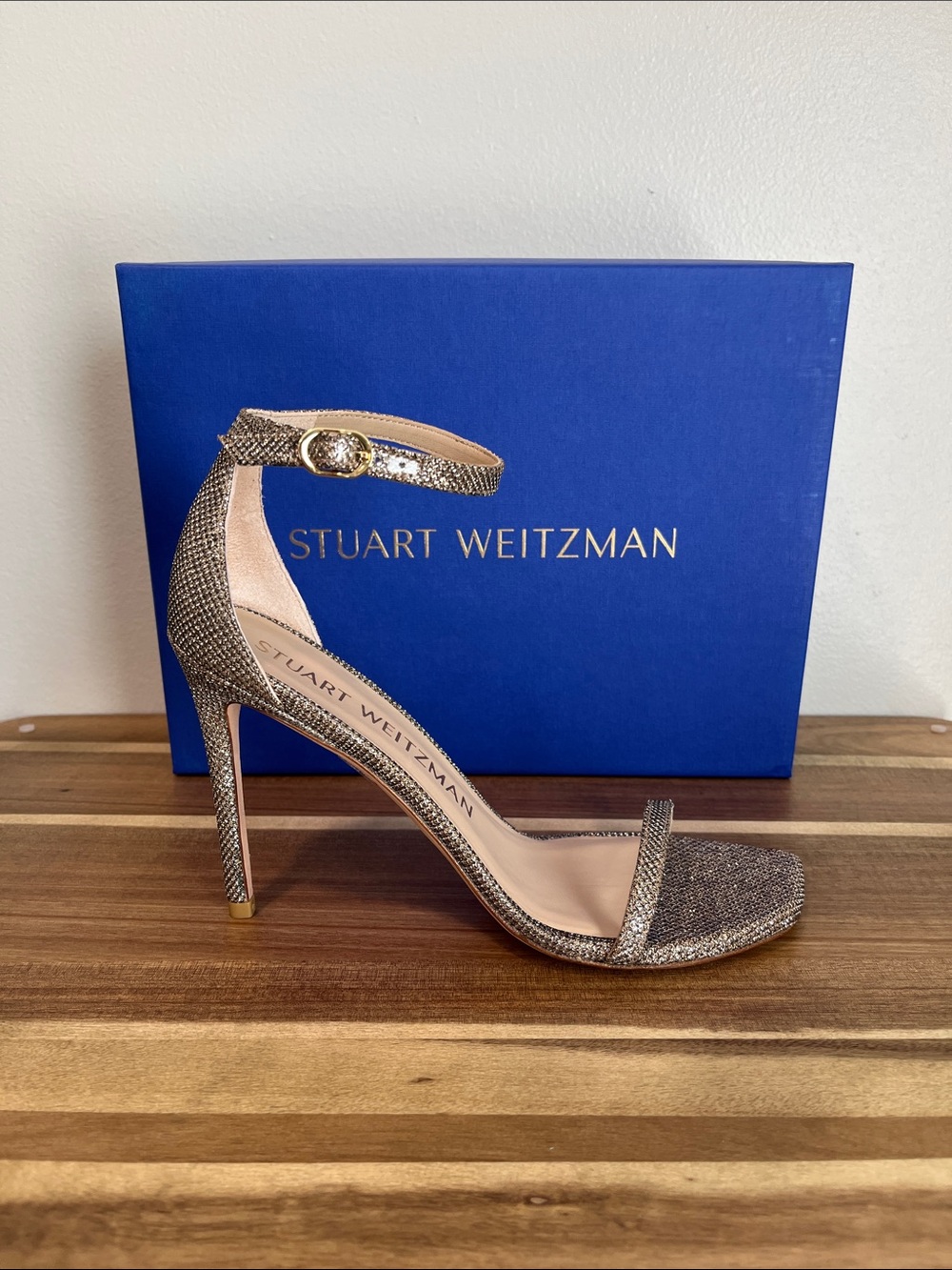 Stuart Weitzman Metallic Gold Ankle-Strap Stiletto Sandal Retail $475